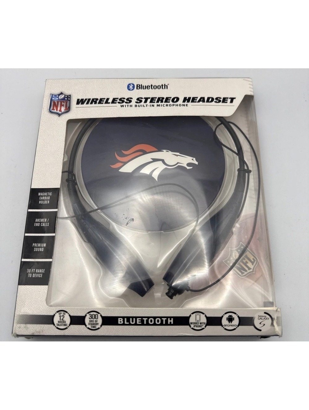 NFL Denver Broncos Wireless Headset Bluetooth Neckband Earbuds Open Box Read